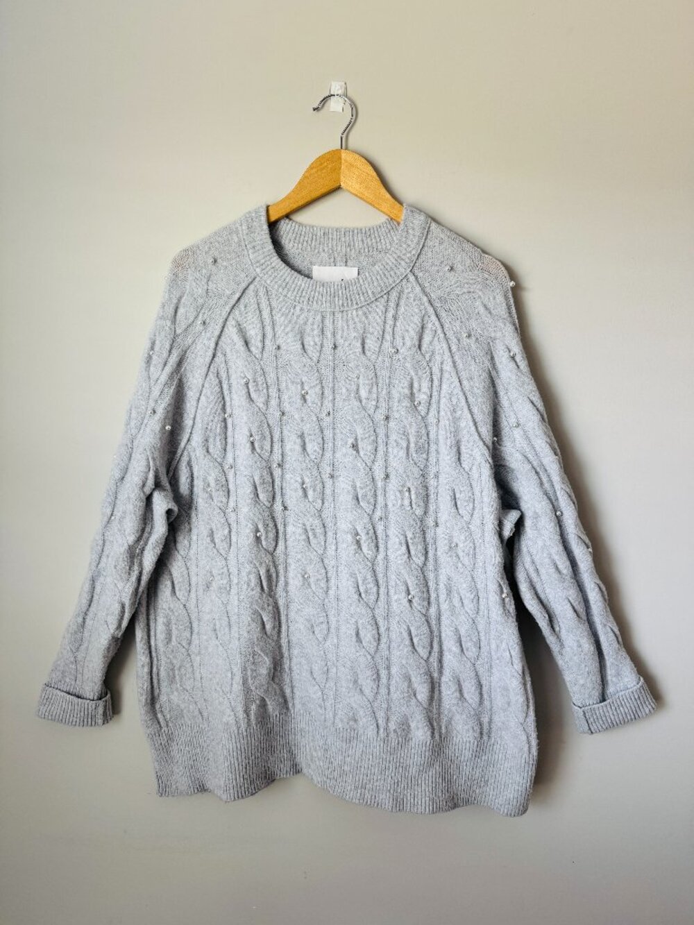 Aerie Unreal Sweater Grey Cable Knit Womens M Pearl Embellishment Crewneck